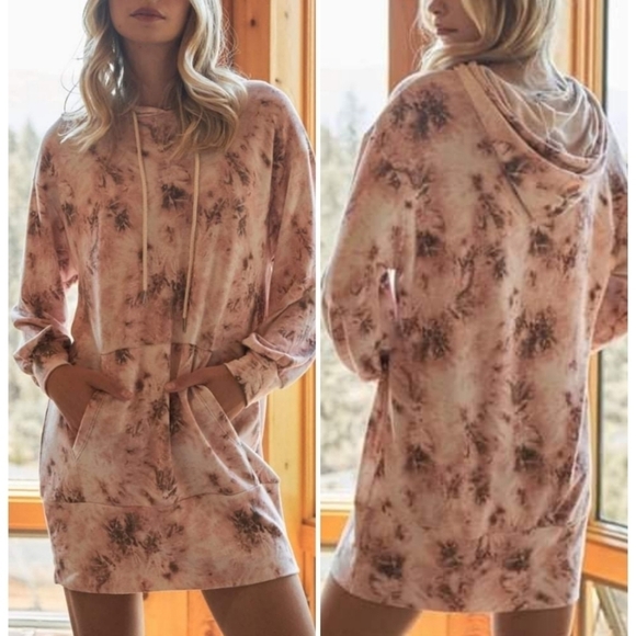Tie-Dye Hoodie Lounge Sweatshirt Dress Long Sleeve Hooded Pockets - Picture 3 of 12